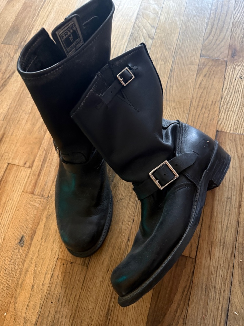 FRYE Black Engineer Boots. Leather bottoms for line dancing